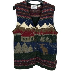 Vintage Northern Reflections Sweater Vest Cabin Scene Moose Canada Knit‎ Large